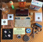 Vtg Junk Drawer Smalls Lot   Coins pluto Stamps band-aid pez binoculars oil Can