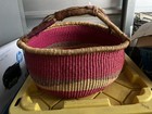African Large Bolga Multicolor Round Market Basket With Leather Handle  15 