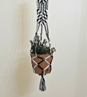 Macrame Cotton Cord Plant Hanger 37  Wooden Beads   Ring Handmade Black   White