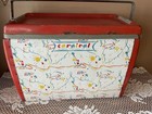 Vintage 1950s Columbian Carnival Metal Picnic Cooler Ice Chest Red Graphic Mcm