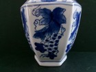 Vtg Chinese Blue   White Hexagonal Floral Grape Leaf 10 25  Porcelain Vase
