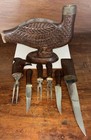 Vintage Hand Carved Wood Standing Turkey Pheasant 5 Piece Carving Set 14 5x12   