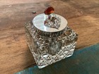 Vintage Facet Cut Crystal Inkwell W hinged Silverplate Lid  Amber Glass Thistle