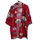 Vintage Red Kimono Robe Japanese Geisha Print Gold Accent Tie Belt Made In Japan