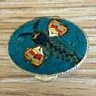 Vintage Micro Mosaic Bird Trinket Pill Box Ornate Gold Tone Hinged Oval