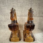 L e  Smith Amber Glass Rearing Horse Bookends Vintage Mid Century Pair