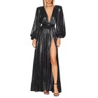 Metallic Shiny Sexy Open Back V Neck Dress Women Long Sleeve Floor Length Dress
