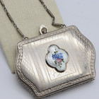 Vtg Marathon Guilloche Enamel Powder Compact Silver Tone Chain Wrist Purse Roses