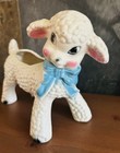 1950s Lamb Ceramic Planter Vintage Nursery Decor  Hand-painted Blue Bow 7 