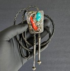 Vintage Old Native American 925 Sterling Silver Snake Turquoise Coral Bolo Tie