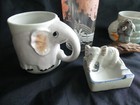 Vintage Elephant Collectibles Lot Of 5 Mugs Japan Ashtray Glass Carved Wood