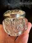 Antique Art Nouveau Hand Cut Glass Sterling Repousse Lid Vanity Jar Canadian 