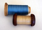 2 - Vintage Wooden Industrial Textile Bobbin Sewing Spools With Thread
