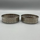 Pair Vintage Silver Plate Wine Bottle Coasters Holders Stands Wood Bases Pierced