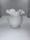 Vintage Fenton White Milk Hobnail Ruffled Rim Large Rose Bowl Vase - 6 1 8  Wide