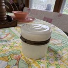 White Glass Powder Jar With Brass Trim And Hinged Lid