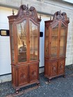 Pair Of Victorian Oak Chippendale Beveled Glass Corner China Cabinets