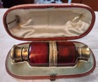 Antique Victorian Ruby Glass Double Ended Scent Vinaigrette Bottle   Leather Box