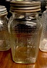 Lot Of 3 Antique Square Waffle Pattern Glass Jars W  Period Lids - 6    7   
