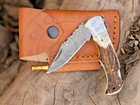 Handmade Damascus Folding Pocket Knives Stag Horn   Texas Flag Handle W  Sheath
