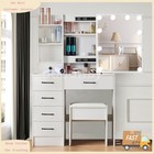 Makeup Vanity Desk Stool Set W  10 Led Lights   Mirror Dressing Table 6 Drawers