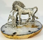 Pewter Unicorn Sculpture With Mare And Foal On Agate Base
