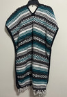 Mexican Poncho One Size Teal gray Black Serape Blanket Fringe Unisex
