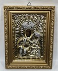 Vintage 1970s Polish Black Madonna Mary   Jesus Icon Jeweled Crown Gold Frame