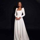 Simple White Satin Wedding Dresses Square Neck Long Sleeved A-line Bridal Gowns