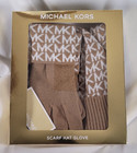 Michael Kors 3 Piece Scarf Hat Glove Boxed Set Camel Tan W mk Logo Ships Free