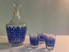 Vintage Mcm France Glass Blue Diamond Pattern Liquor Decanter   3 Shot Glass Set