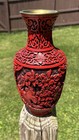 Vintage Chinese Red Cinnabar Fine Hand Carved Lacquer Brass Vase Floral