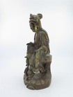 Antique Chinese Carved Wood Guanyin Statue With Old Tag 4 5  X 3 5  X 10  Tall