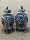 Pair Large Antique Qing Chinese Blue   White General Jars  Bird   Flower 20  