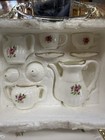 Vintage Porcelain Miniature 10 Piece Tea Set Pink Rose Pattern Gold Trim