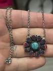 Sterling Silver Native American Sw Turquoise Fire Opal Cluster Bar Necklace 925