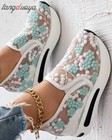 Platform Wedges Sneakers Floral Embroidery Mesh Sneakers Slip On Heeled Shoes
