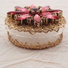 Vtg Red Pink Navette Rhinestone Flower Trinket Pill Box With Gold Tone Filigree