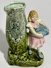 Antique 19th Century Majolica Spill Vase Stamped Austria Little Girl Cat Relief