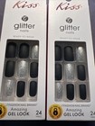 2x kiss glitter Nails Ready To Wear black Silver Square medium glue On Nail
