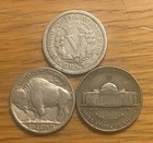 Nickel Type Set 3 Coins  1912 Liberty V-nickel  1937-s Buffalo  1943-p Jefferson