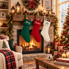 Family Name Personalized Embroidered Knit Christmas Stocking Green Fireplace