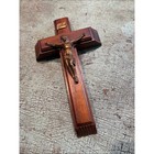 Vintage Wooden Wall Crucifix Hidden Holy Water Font Bronze Tone Christ
