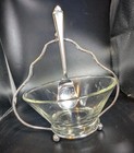  Mcm Condiment Clear Etched Glass Bowl   Spoon On Caddy Silver Plate Vintage 