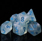 White Shimmer Acrylic Polyhedral Dice Set W  Bright Blue Gothic Font   Ttrpg