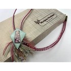 Vtg 80s Nib Southwest Bolo Tie Pink Leather Cord Ceramic Slide Feathers Beads