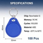 100pcs 13 56mhz Rewritable Cuid Rfid Key Fob Access Control Key Card  Blue