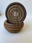 Vtg Coiled Trinket Basket Small  Hinged Latching Lidded Raffia Woven Boho Decor