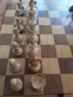 Vintage Hand Made Wood Chess Board And All 36 Wood Pieces