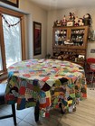 Vintage Mid Century Crazy Quilt Large Round Tablecloth 88   